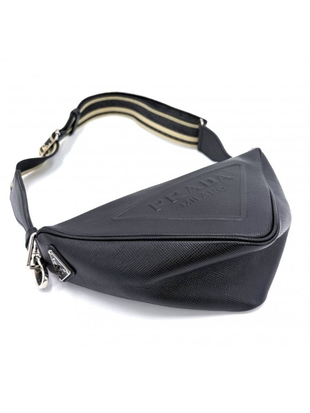 Prada Shoulder Bag Triangle Crossbody Leather Black Silver - Picture 3 of 8